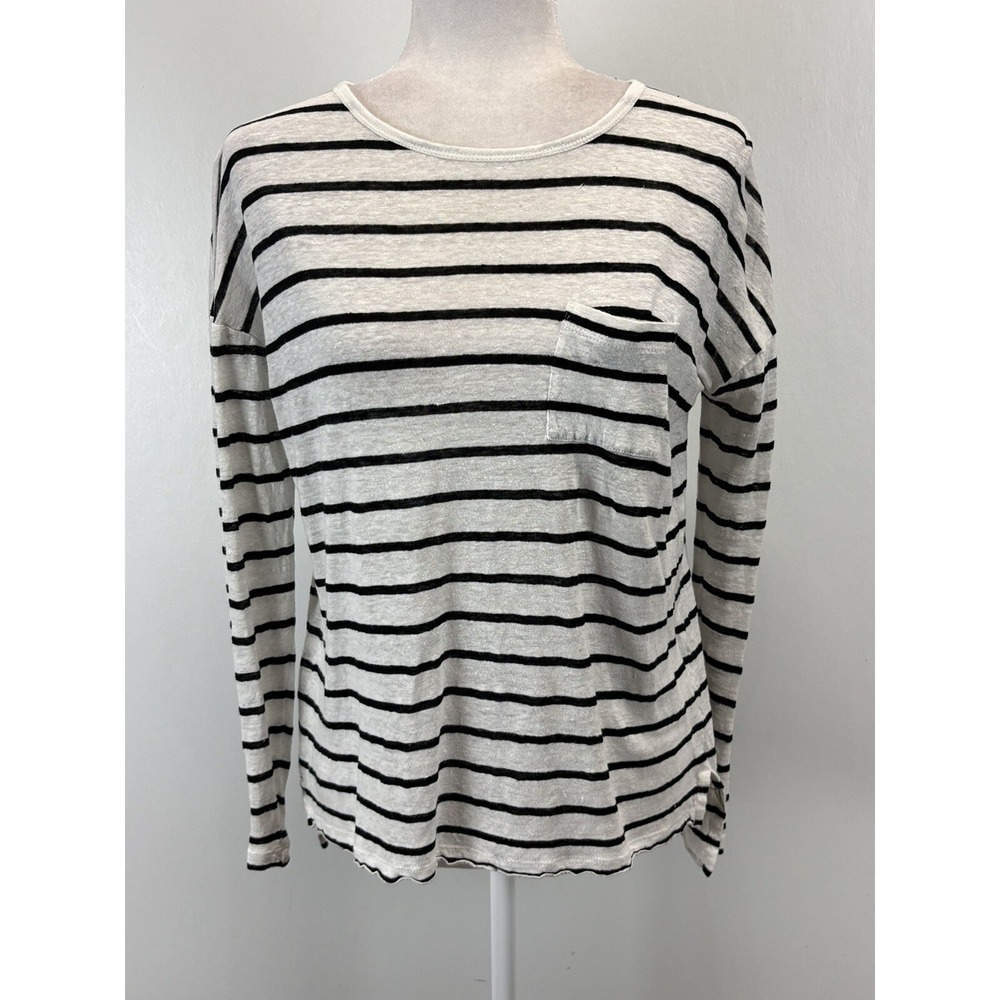 Vince Women's Linen Shirt Top Sz XS White Black Striped Long Sleeves Pocket